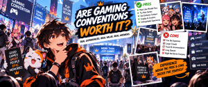Anime-style illustration comparing the pros and cons of attending a gaming convention, including games, cosplay, merchandise, crowds and community experiences.