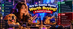 Vibrant anime-style gaming banner featuring a female gamer and golden retriever weighing the pros and cons of buying in-game items, including rare weapons, cosmetics, gameplay benefits, costs and potential risks.
