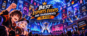 Anime-style illustration of a live esports tournament with competing teams, cheering fans, gaming screens and a championship trophy.