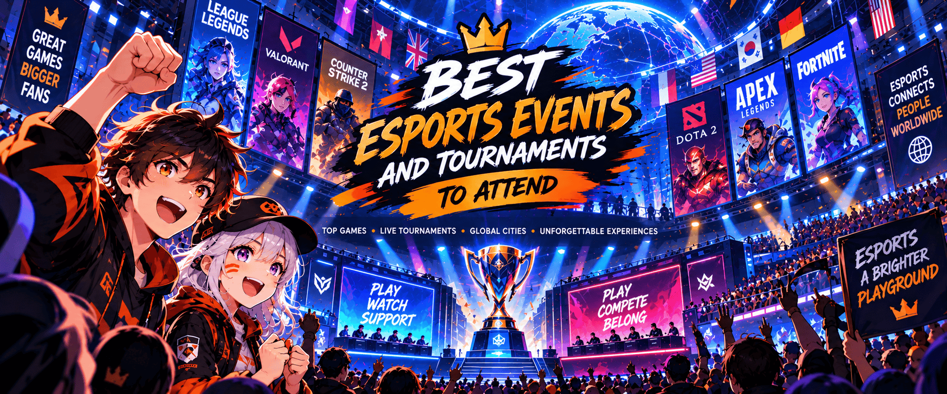 Anime-style illustration of a live esports tournament with competing teams, cheering fans, gaming screens and a championship trophy.