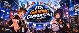 Anime-style illustration of major gaming conventions around the world, featuring convention halls, gamers, esports, cosplay and global gaming destinations.