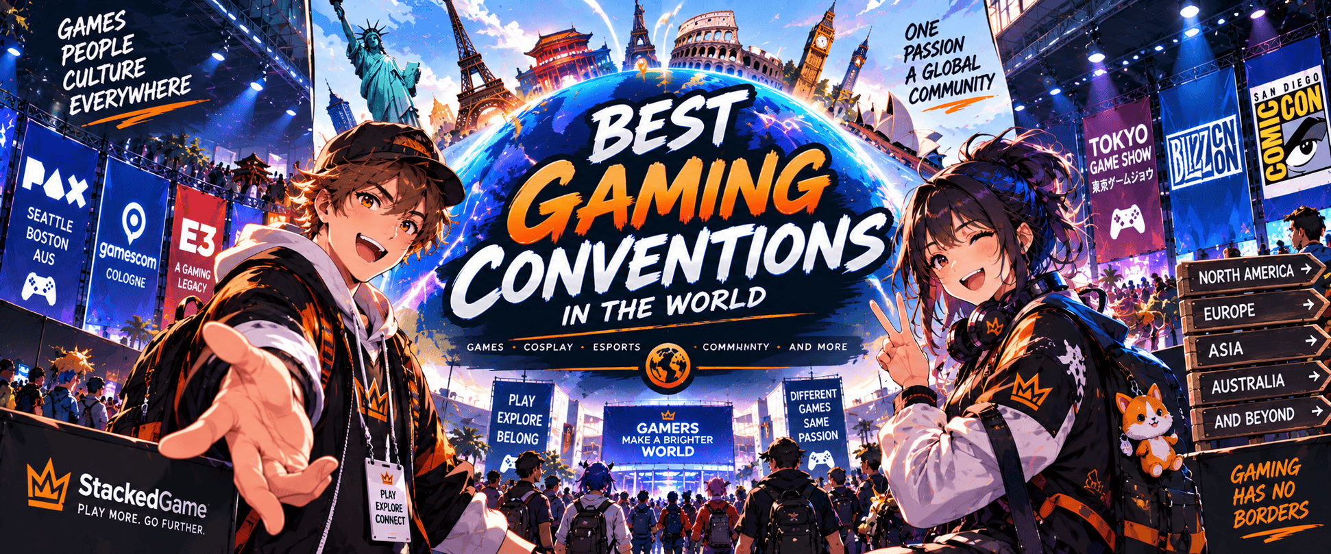 Anime-style illustration of major gaming conventions around the world, featuring convention halls, gamers, esports, cosplay and global gaming destinations.