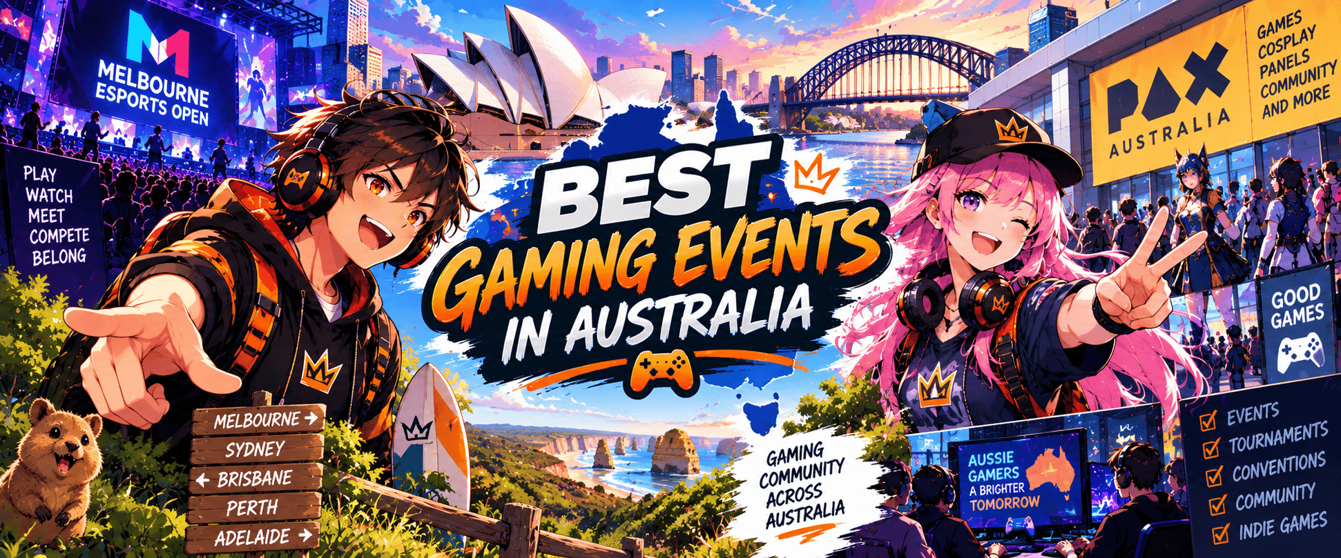 Anime-style illustration of gaming events across Australia, featuring esports tournaments, gaming conventions and gaming communities.