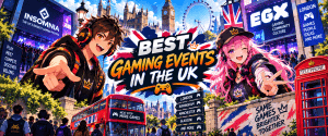 Anime-style illustration of gaming events across the UK, featuring esports tournaments, gaming conventions and major UK gaming destinations.