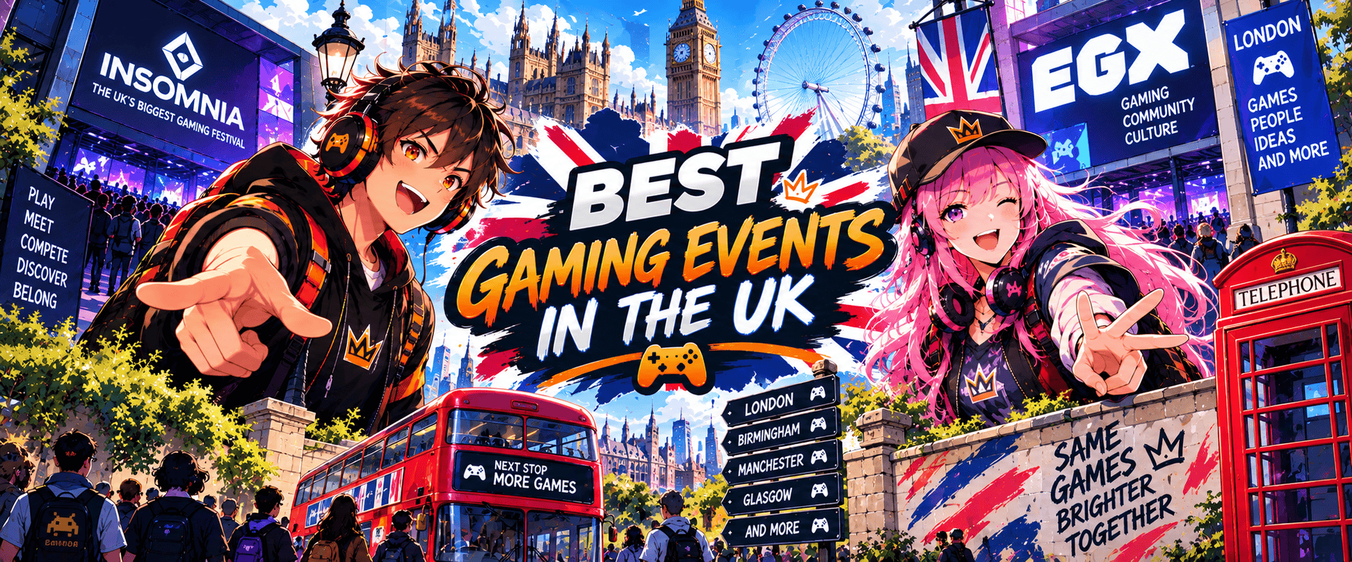 Anime-style illustration of gaming events across the UK, featuring esports tournaments, gaming conventions and major UK gaming destinations.