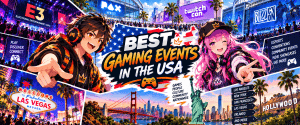 Anime-style illustration of gaming events across the USA, featuring esports tournaments, gaming conventions and major gaming destinations.