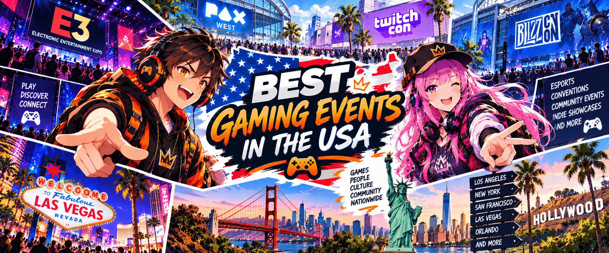 Anime-style illustration of gaming events across the USA, featuring esports tournaments, gaming conventions and major gaming destinations.