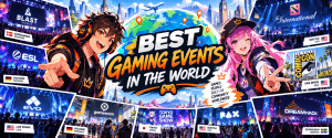 Anime-style illustration of major gaming events around the world, featuring esports tournaments, gaming conventions and international gaming festivals.