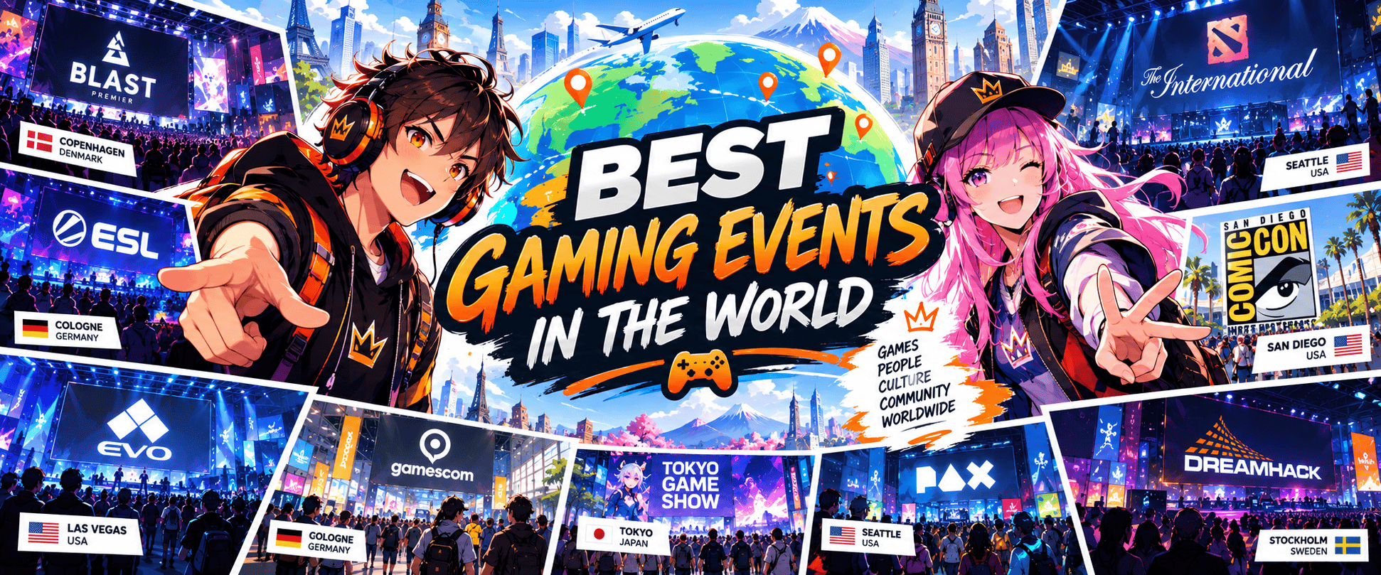 Anime-style illustration of major gaming events around the world, featuring esports tournaments, gaming conventions and international gaming festivals.