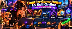 Vibrant anime-style gaming banner featuring a female gamer and golden retriever exploring the best in-game items to sell online, including rare weapons, skins, mounts, virtual currency and collectibles from popular video games, with marketplace listings and USD prices.