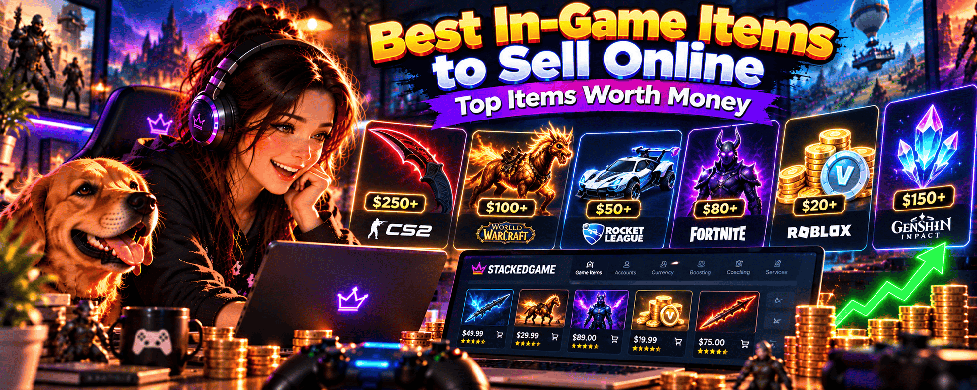 Vibrant anime-style gaming banner featuring a female gamer and golden retriever exploring the best in-game items to sell online, including rare weapons, skins, mounts, virtual currency and collectibles from popular video games, with marketplace listings and USD prices.