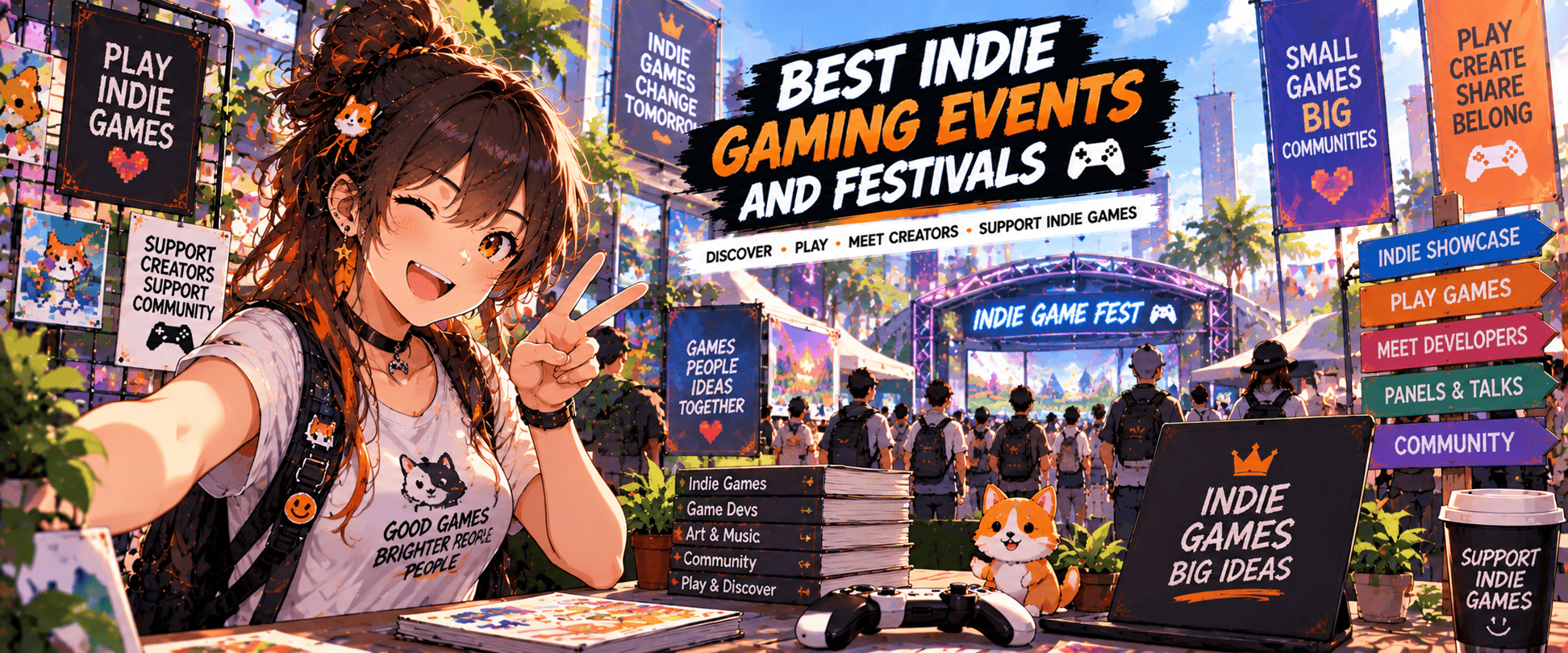 Anime-style gamer at an indie gaming festival featuring game showcases, developers, community activities and indie games.