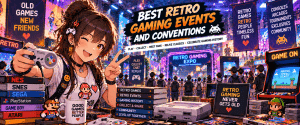 Anime-style gamer at a retro gaming convention featuring classic consoles, arcade games, tournaments, collectibles and gaming fans.
