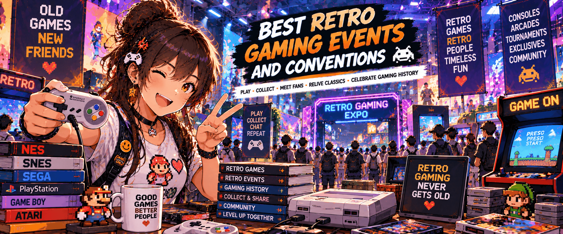 Anime-style gamer at a retro gaming convention featuring classic consoles, arcade games, tournaments, collectibles and gaming fans.