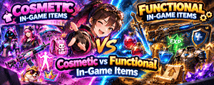 Vibrant anime-style gaming banner comparing cosmetic in-game items like skins, outfits, pets and emotes with functional items including weapons, armour, potions and XP boosts.