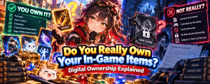 Vibrant anime-style gaming banner featuring a female gamer exploring digital ownership of in-game items, including skins, weapons, pets and collectibles, highlighting licensing, usage rights and game restrictions.