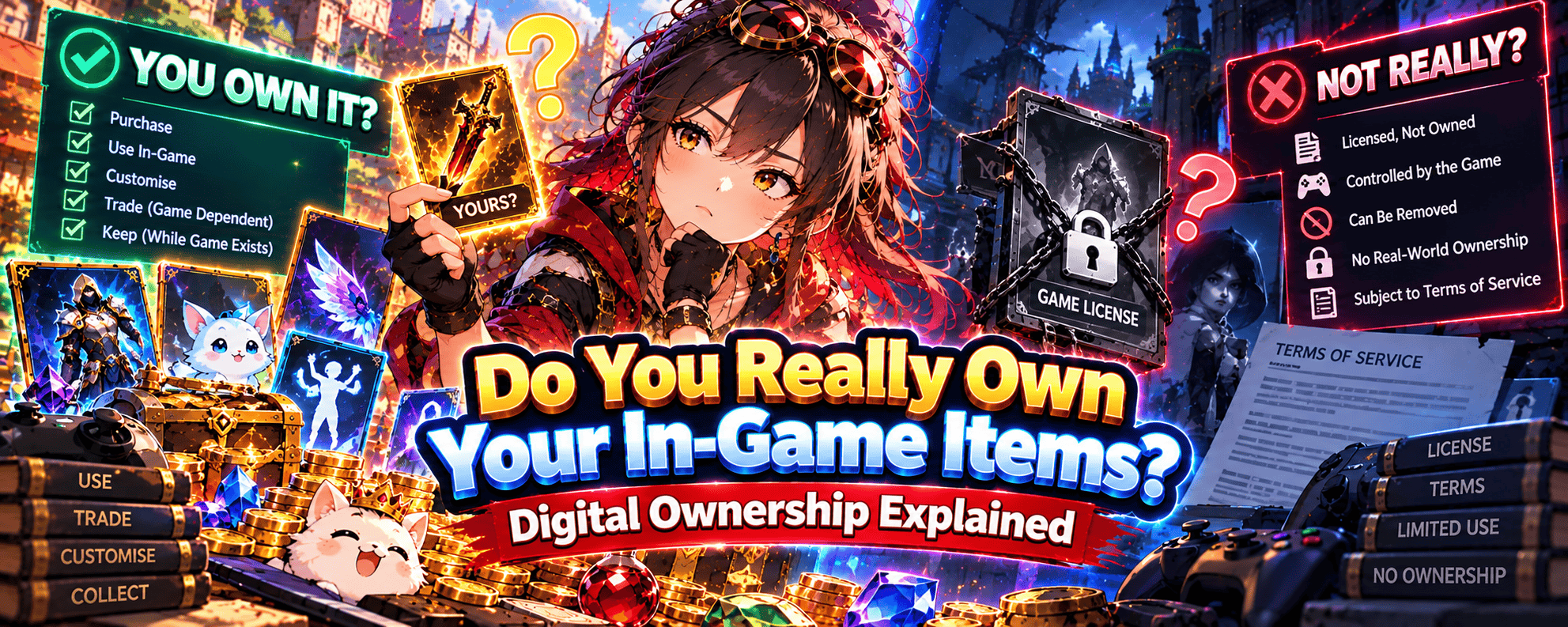 Vibrant anime-style gaming banner featuring a female gamer exploring digital ownership of in-game items, including skins, weapons, pets and collectibles, highlighting licensing, usage rights and game restrictions.