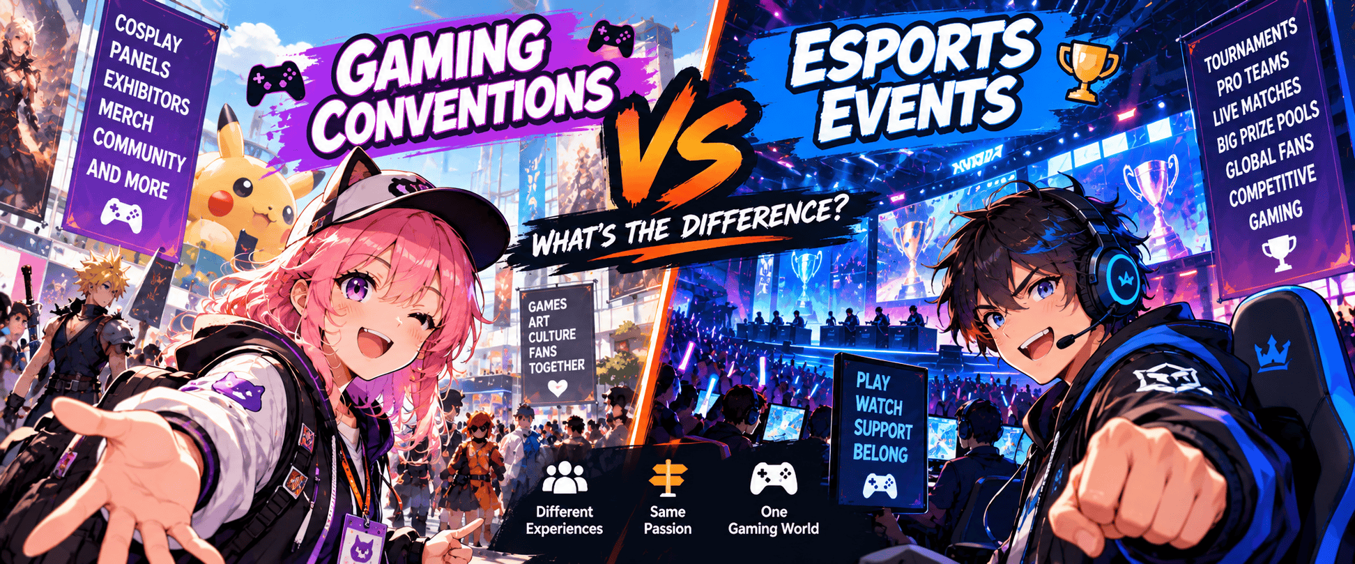 Anime-style comparison of a gaming convention with cosplay, exhibitors and fans versus a live esports event with teams, tournaments and spectators.