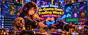 Vibrant anime-style gaming banner featuring a female gamer and golden retriever exchanging in-game items, with trading interfaces, weapons, pets, currency and tips for safe item trading.