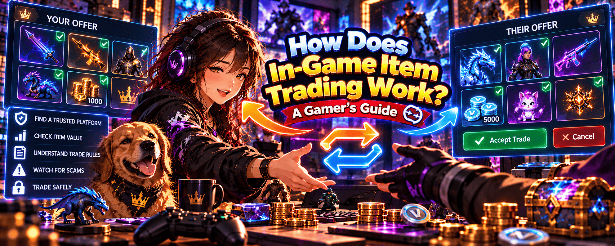 Vibrant anime-style gaming banner featuring a female gamer and golden retriever exchanging in-game items, with trading interfaces, weapons, pets, currency and tips for safe item trading.