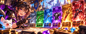 Anime-style gamer exploring video game item rarity levels, from Common and Uncommon to Rare, Epic, Legendary and Mythic, with colourful weapons, armour and loot chests.