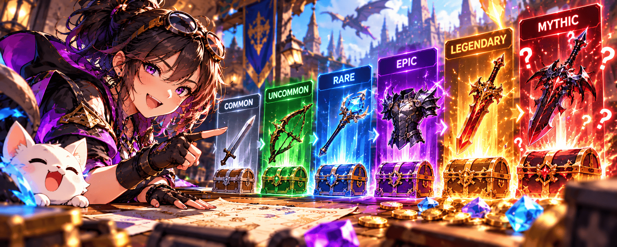 Anime-style gamer exploring video game item rarity levels, from Common and Uncommon to Rare, Epic, Legendary and Mythic, with colourful weapons, armour and loot chests.