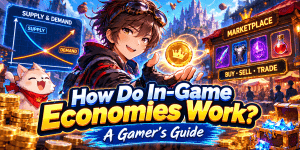 Vibrant anime-style gaming banner featuring a female gamer exploring in-game economies, with gold coins, rare items, trading marketplaces, supply and demand, item prices and inflation.