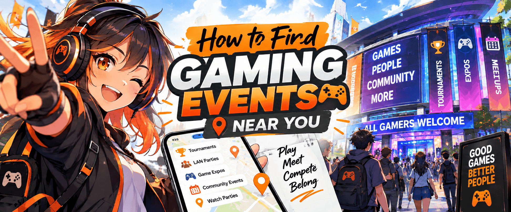 Anime-style illustration of a gamer finding nearby gaming events, including tournaments, LAN parties, gaming expos and community events.