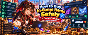 Vibrant anime-style gaming banner featuring a female gamer buying in-game items online, highlighting trusted sellers, secure payments, buyer protection, item prices and safe trading tips.