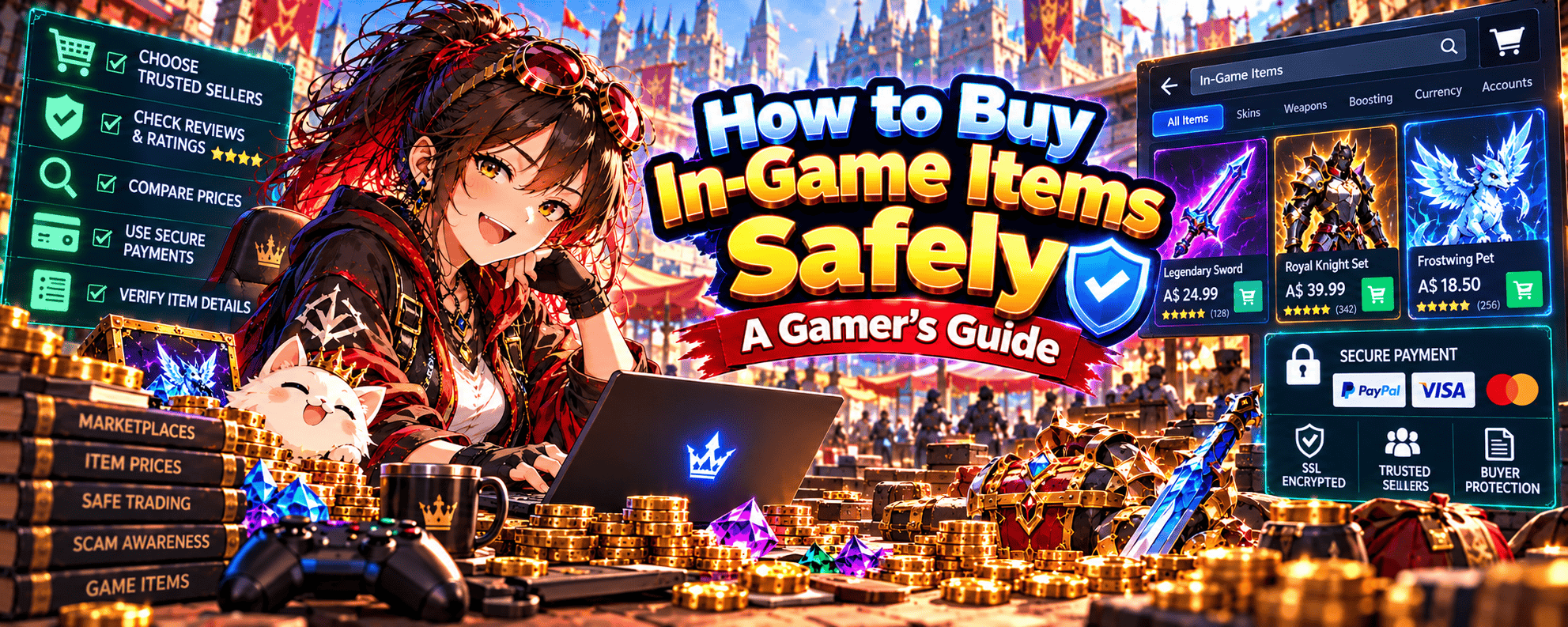 Vibrant anime-style gaming banner featuring a female gamer buying in-game items online, highlighting trusted sellers, secure payments, buyer protection, item prices and safe trading tips.