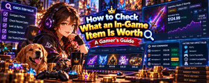 Vibrant anime-style gaming banner featuring a female gamer and golden retriever checking in-game item values, comparing marketplace prices, rarity, demand and recent sales using price charts and item listings.
