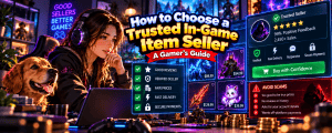 Vibrant anime-style gaming banner featuring a female gamer and golden retriever evaluating trusted in-game item sellers, with seller ratings, verified profiles, secure payments, item listings and scam prevention tips.
