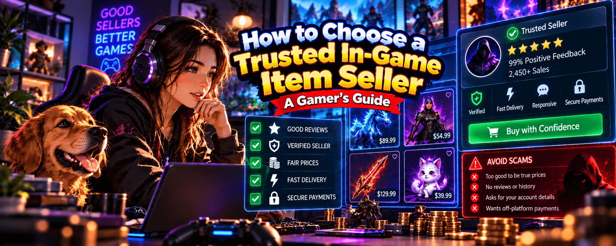 Vibrant anime-style gaming banner featuring a female gamer and golden retriever evaluating trusted in-game item sellers, with seller ratings, verified profiles, secure payments, item listings and scam prevention tips.