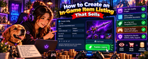 Vibrant anime-style gaming banner featuring a female gamer and golden retriever creating an in-game item listing, with a rare sword, item images, descriptions, competitive pricing, seller tips and marketplace sales.