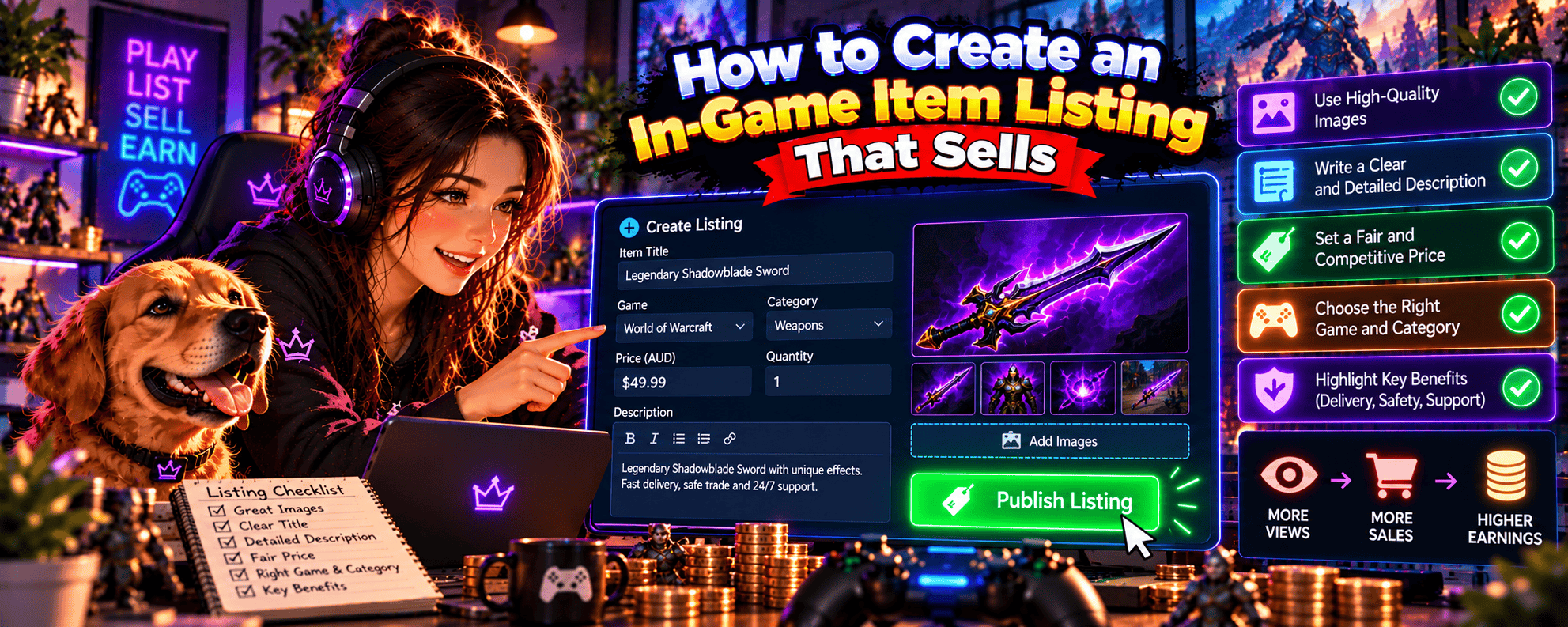 Vibrant anime-style gaming banner featuring a female gamer and golden retriever creating an in-game item listing, with a rare sword, item images, descriptions, competitive pricing, seller tips and marketplace sales.