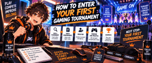 Anime-style gamer preparing to enter a first gaming tournament, showing the steps to find an event, register, practise and compete.