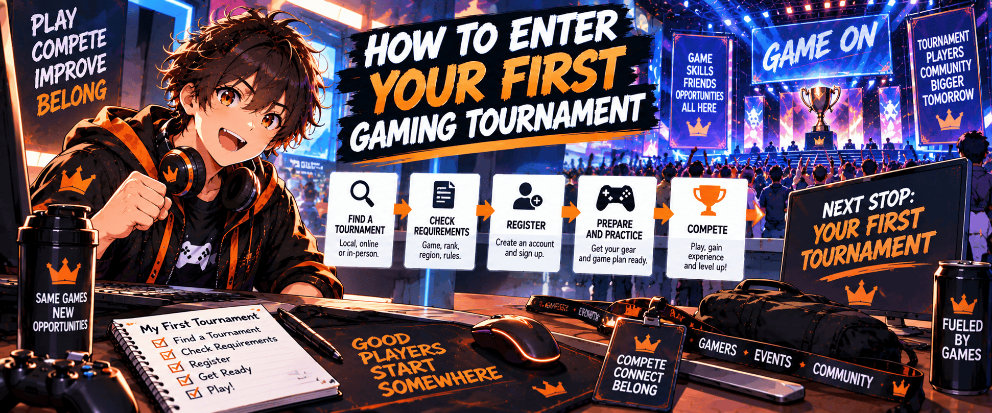 Anime-style gamer preparing to enter a first gaming tournament, showing the steps to find an event, register, practise and compete.
