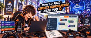 Anime-style gamer searching for nearby esports tournaments using local event listings, maps and gaming communities.