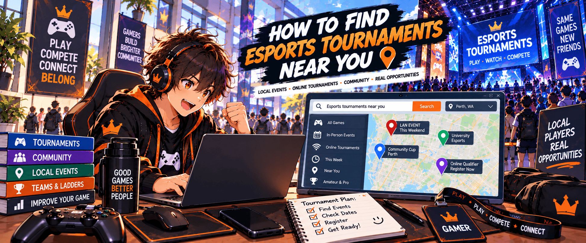 Anime-style gamer searching for nearby esports tournaments using local event listings, maps and gaming communities.