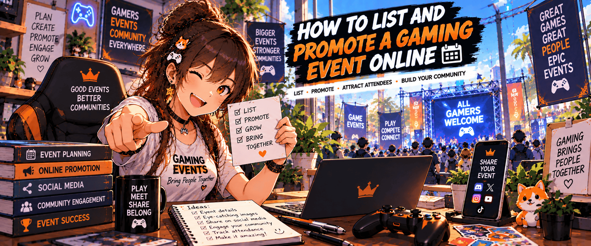 Anime-style gaming event organiser planning and promoting an event online using social media, community engagement and event listings.