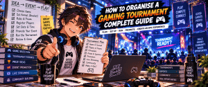 Anime-style gaming tournament organiser planning an esports event with player registration, tournament formats, prizes, promotion and live competition.