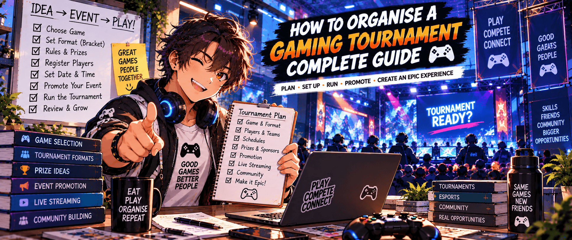 Anime-style gaming tournament organiser planning an esports event with player registration, tournament formats, prizes, promotion and live competition.