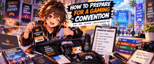 Anime-style gamer preparing for a gaming convention with tickets, travel plans, packing essentials and a convention checklist.