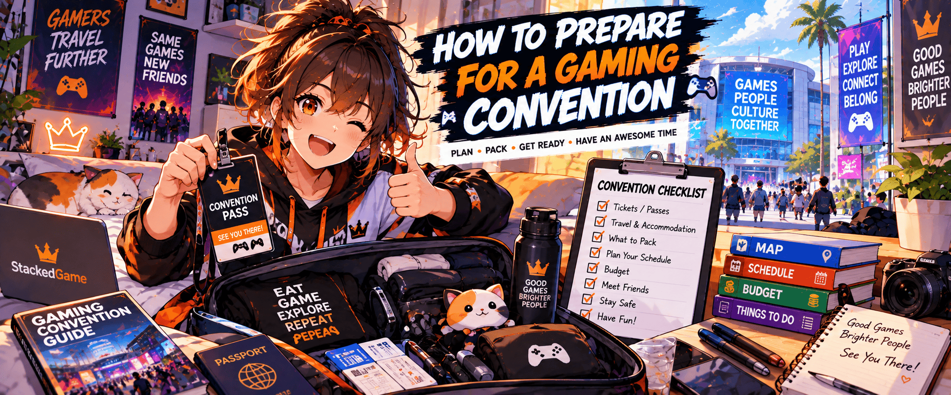 Anime-style gamer preparing for a gaming convention with tickets, travel plans, packing essentials and a convention checklist.