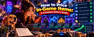 Vibrant anime-style gaming banner featuring a female gamer and golden retriever analysing in-game item prices, with rare weapons, skins, mounts, virtual currency, marketplace pricing, demand trends and seller earnings.