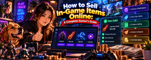 Vibrant anime-style gaming banner featuring a female gamer and golden retriever selling in-game items online, with marketplace listings, rare weapons, item pricing, secure transactions and tips for getting paid safely.