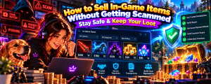 Vibrant anime-style gaming banner featuring a female gamer and golden retriever selling in-game items safely, with rare weapons, valuable loot, scam warnings, verified buyers, secure payments and tips for avoiding online gaming scams.