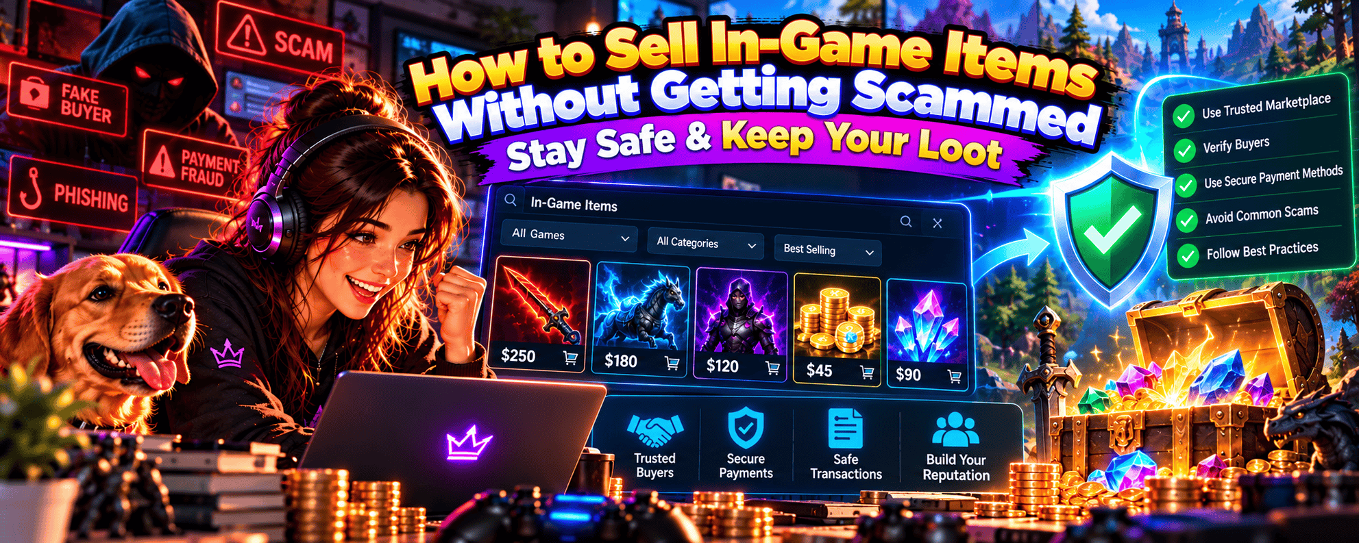 Vibrant anime-style gaming banner featuring a female gamer and golden retriever selling in-game items safely, with rare weapons, valuable loot, scam warnings, verified buyers, secure payments and tips for avoiding online gaming scams.