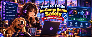 Vibrant anime-style gaming banner featuring a female gamer and golden retriever trading in-game items safely, with secure trading interfaces, verified traders, item exchanges and scam prevention tips.