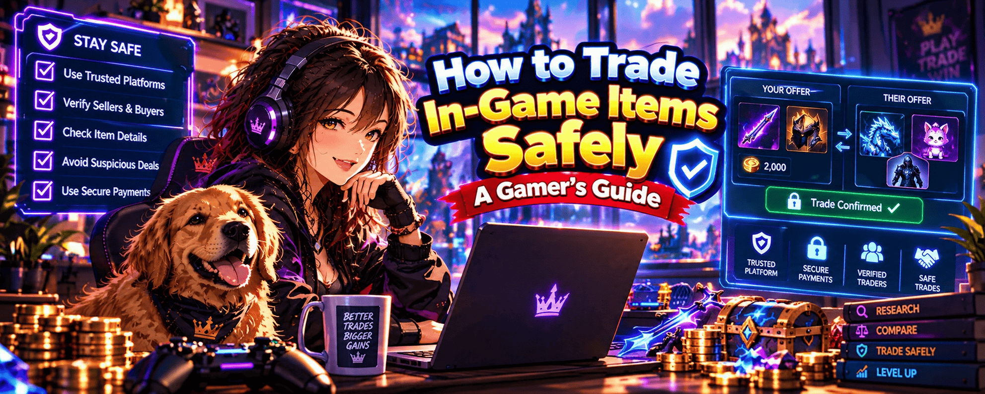 Vibrant anime-style gaming banner featuring a female gamer and golden retriever trading in-game items safely, with secure trading interfaces, verified traders, item exchanges and scam prevention tips.